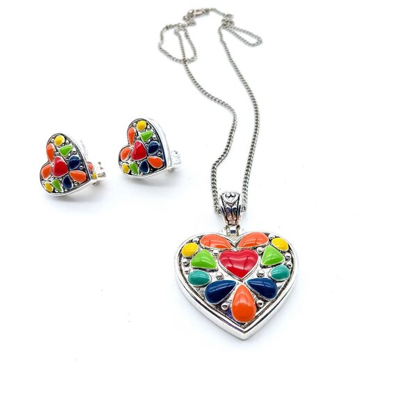 MX Collection Colorful Heart Pendant Necklace and Earrings Jewelry Set, Silver - Picture 1 of 6